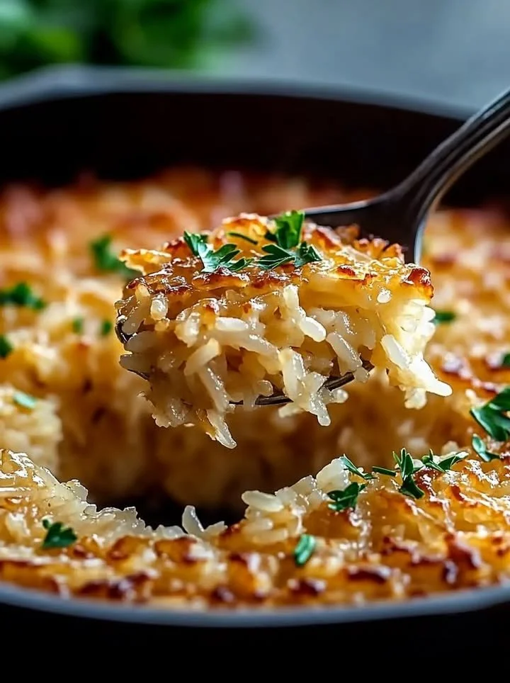 Creamy French Onion Butter Rice garnished with herbs in a bowl