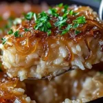 Delicious French Onion Butter Rice served in a bowl garnished with herbs.