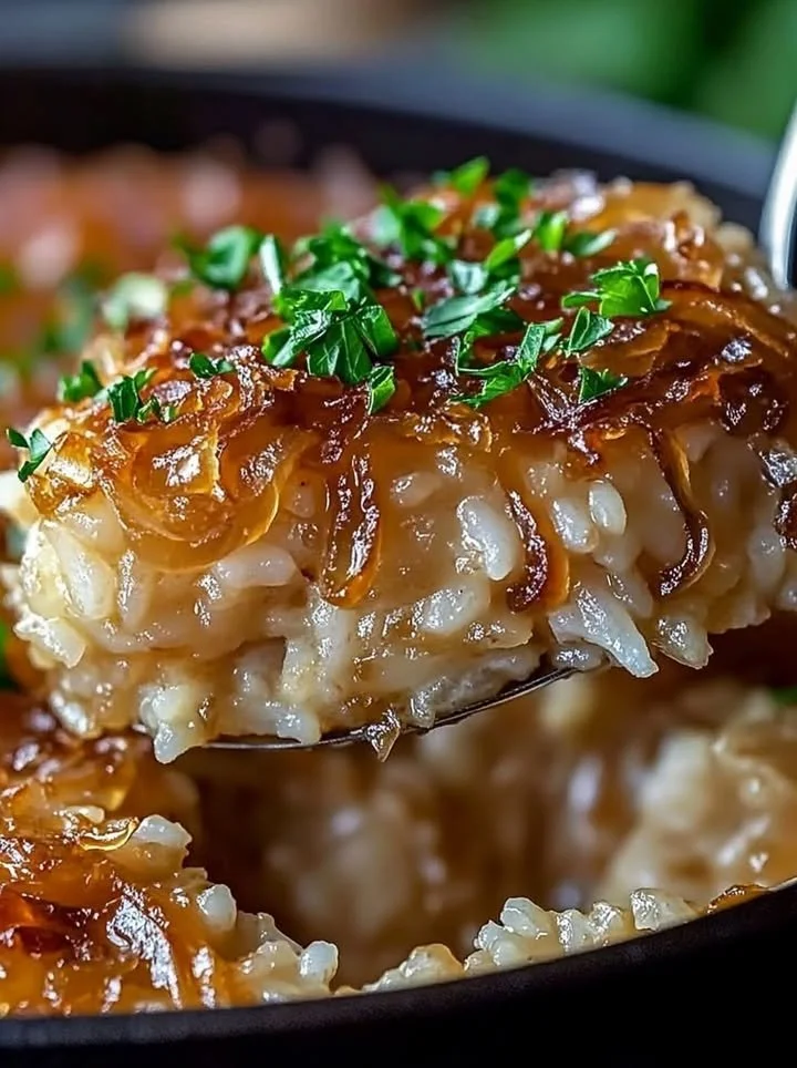 Delicious French Onion Butter Rice served in a bowl garnished with herbs.