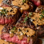 French seared steak topped with cognac cream sauce on a plate