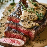 Delicious French seared steak served with cognac cream sauce