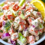 Fresh and zesty imitation crab salad served in a bowl with vegetables