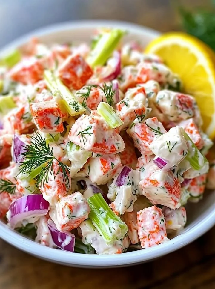 Fresh and zesty imitation crab salad served in a bowl with vegetables