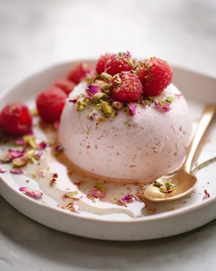 Frozen Rose Mascarpone Mousse topped with fresh raspberries