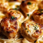 Delicious garlic butter chicken bites served with creamy parmesan pasta