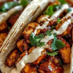 Delicious Garlic Butter Honey BBQ Chicken Tacos garnished with fresh toppings