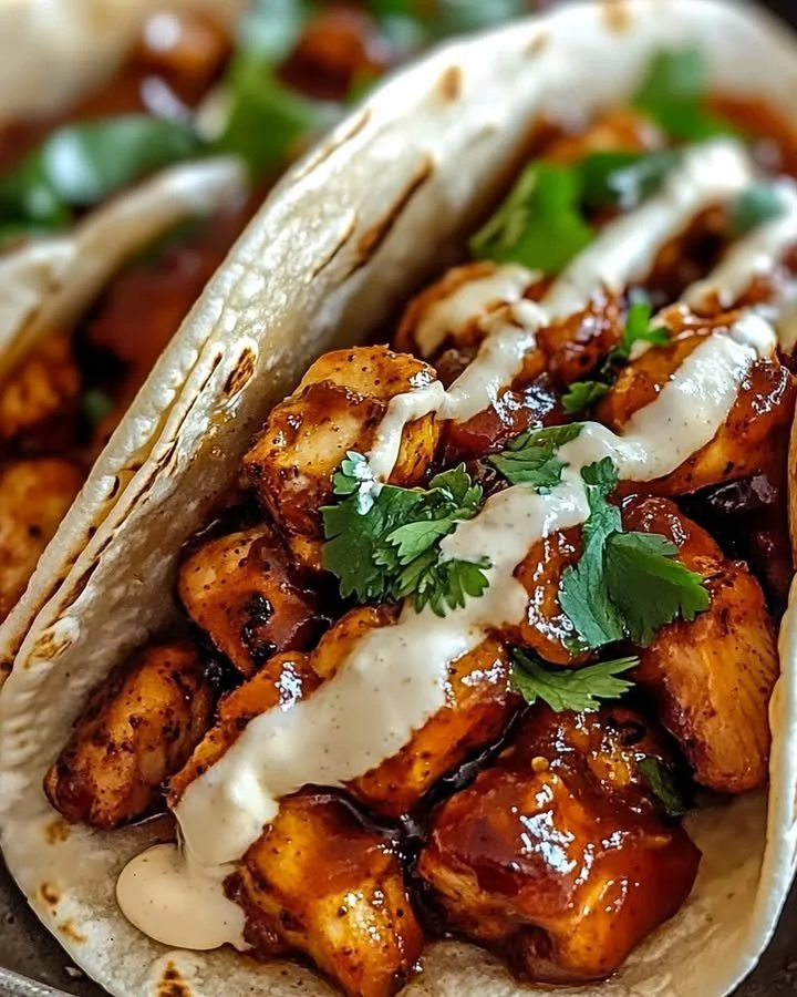 Delicious Garlic Butter Honey BBQ Chicken Tacos garnished with fresh toppings