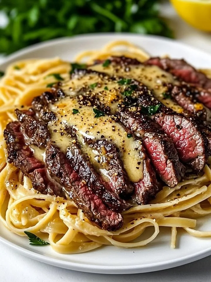 Garlic Butter Steak served with lightning noodles for a delicious meal
