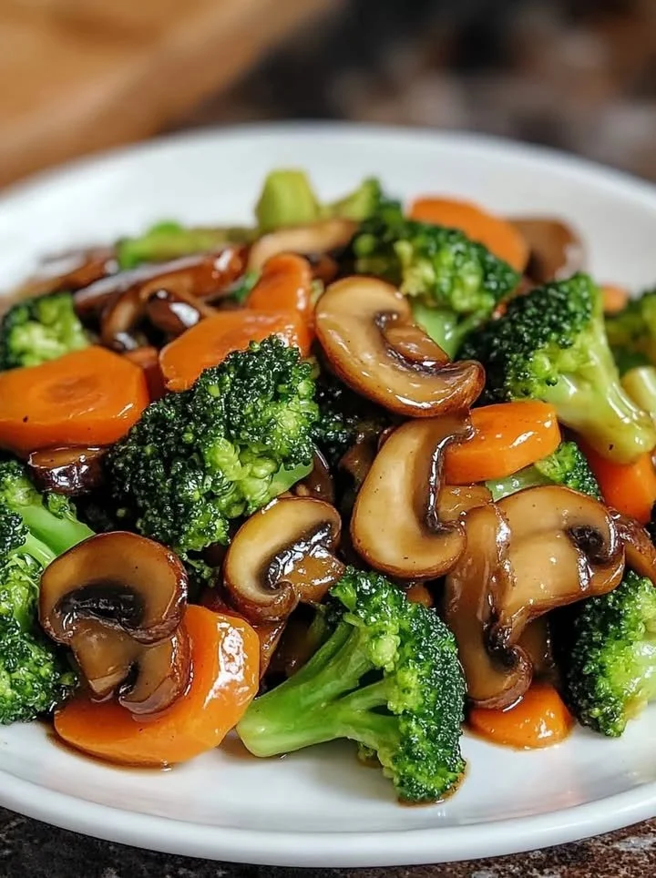 Colorful bowl of garlic butter stir-fried vegetables on a wooden table