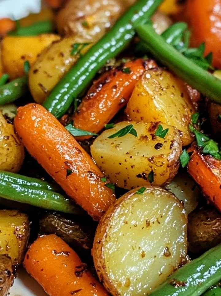 Plate of garlic herb roasted veggies with vibrant colors and fresh herbs