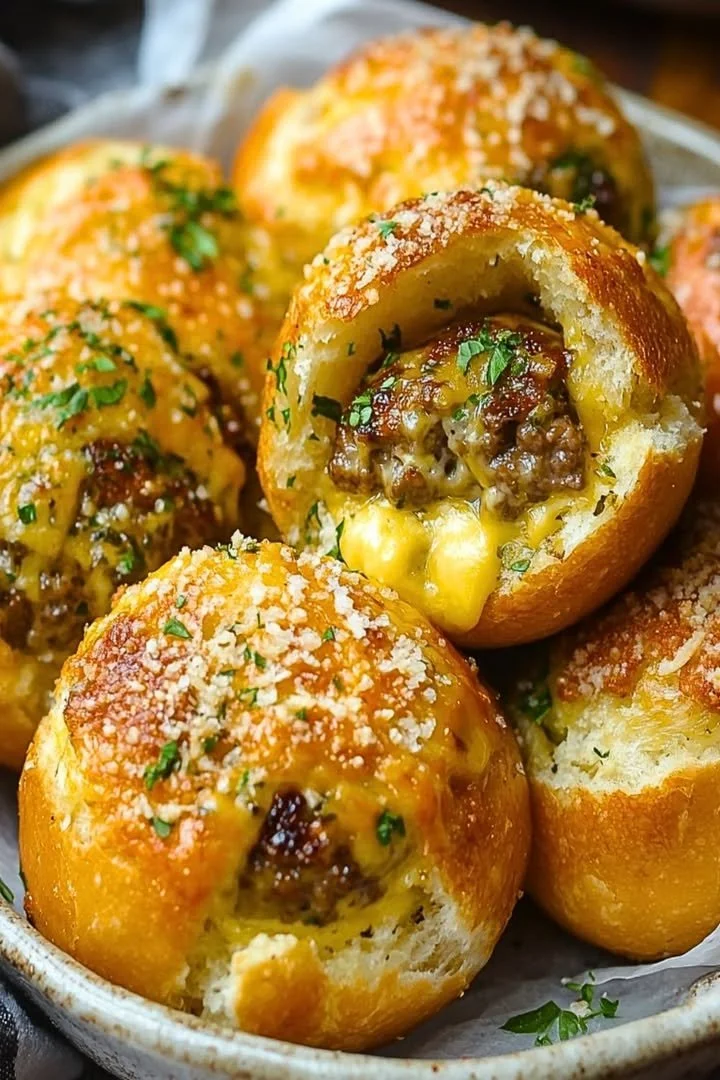 Delicious Garlic Parmesan Cheeseburger Bombs served on a platter