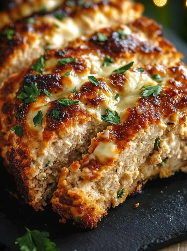 Garlic Parmesan Chicken Meatloaf served with herbs and cheese