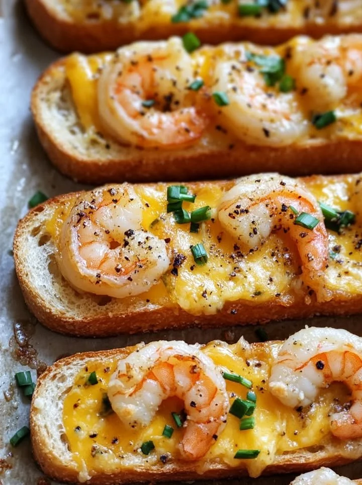 Garlicky shrimp ciabatta sandwich with melted cheddar jack cheese, served on crusty bread