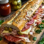 Delicious Giant Muffaletta Italian Sandwich with layers of meats and olive salad.