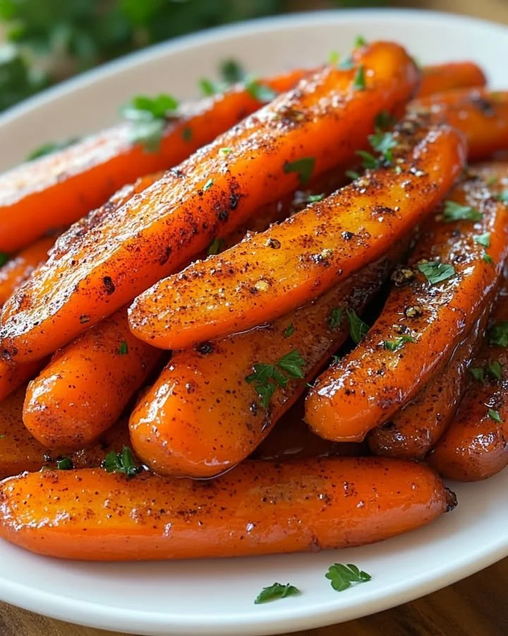 Delicious glazed carrots with honey and herbs served on a plate