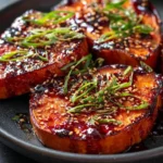 Gochujang and Maple Glazed Sweet Potato Steaks served beautifully on a plate