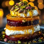 Golden Beet Stacks with Burrata, Pistachios, and Citrus Zest on a plate