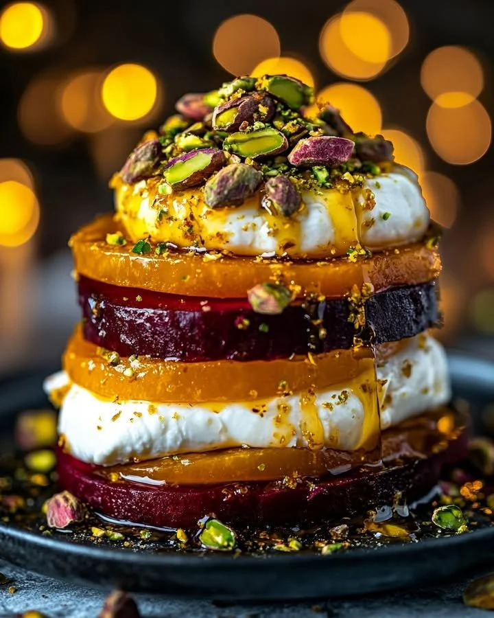 Golden Beet Stacks with Burrata, Pistachios, and Citrus Zest on a plate