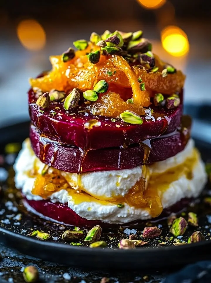 Golden Beet & Burrata Stacks with Pistachio and Citrus Zest on a plate