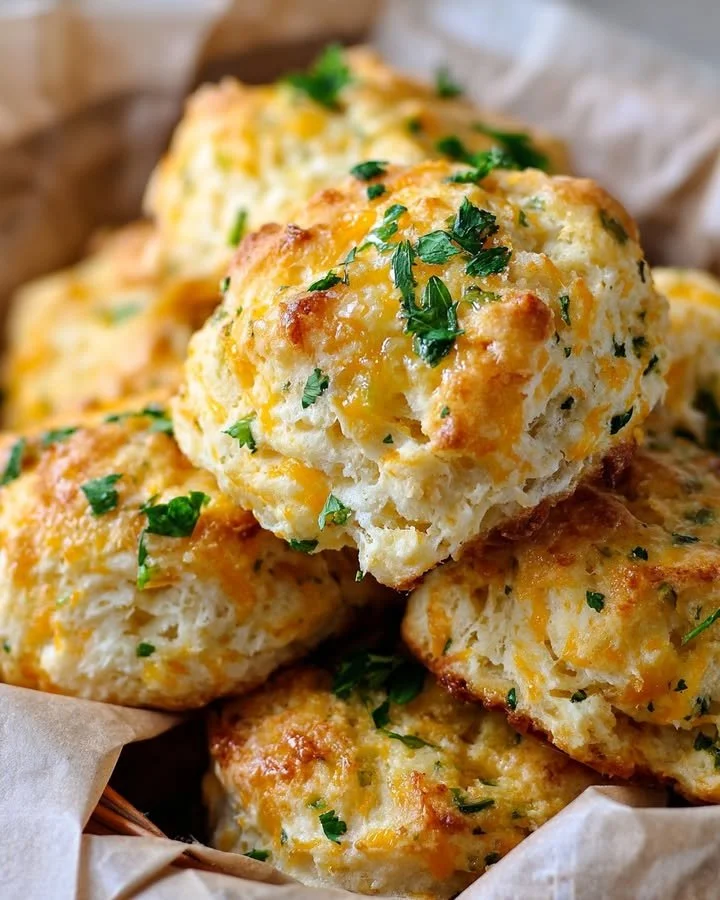 Freshly baked golden Cheddar Bay Biscuits with garlic herb butter on a plate.