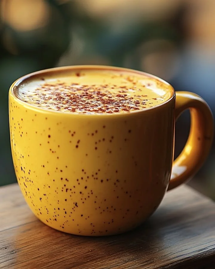 Golden Glow Turmeric Latte topped with a sprinkle of cinnamon and served in a cozy mug