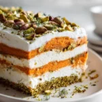 Golden Sweet Potato Terrine with Feta and Pistachio Crust on a white plate