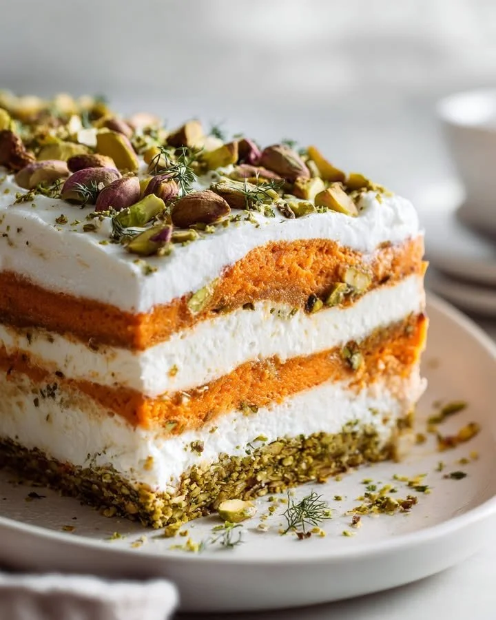 Golden Sweet Potato Terrine with Feta and Pistachio Crust on a white plate
