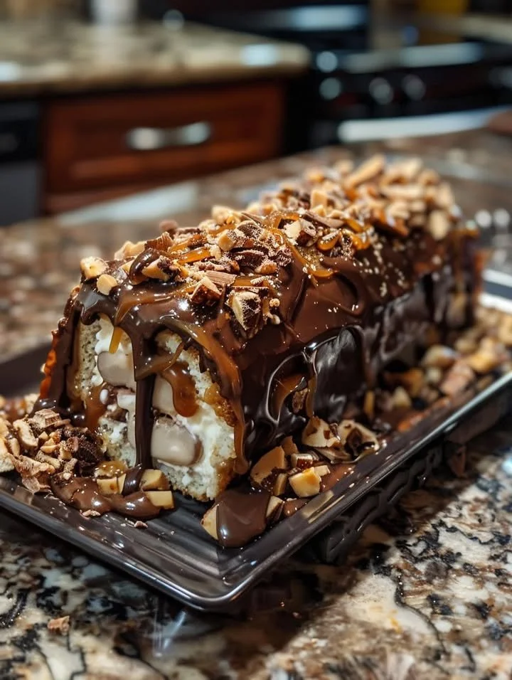 Gooey chocolate caramel turtle cake roll with nuts and caramel drizzle