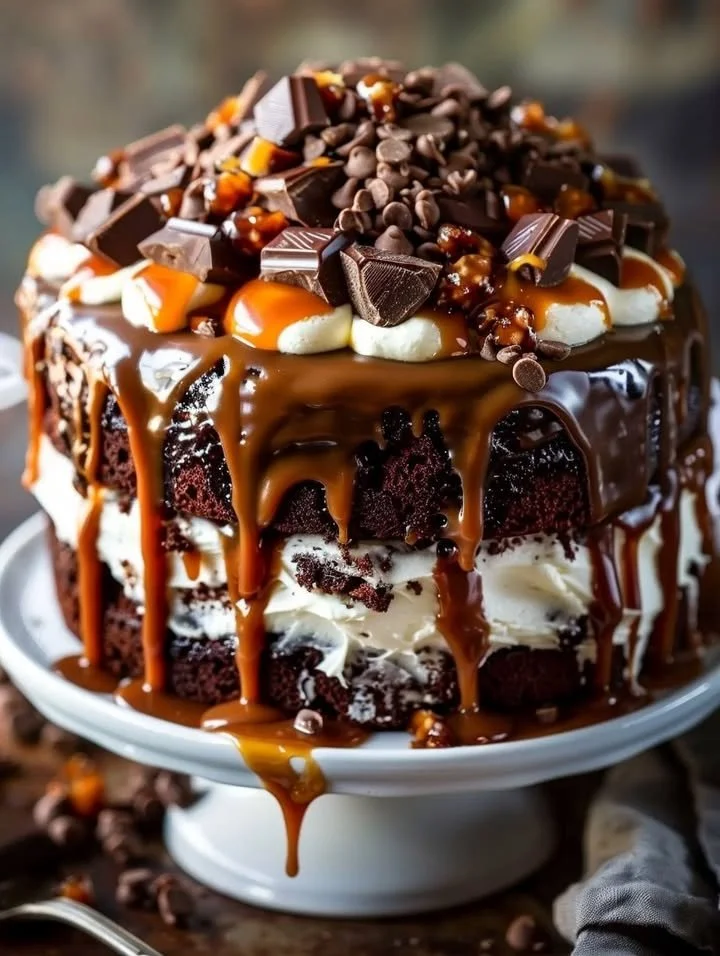 Gooey chocolate caramel turtle layer cake with nuts and drizzled caramel