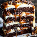 Decadent chocolate caramel turtle layer cake with rich layers and toppings.