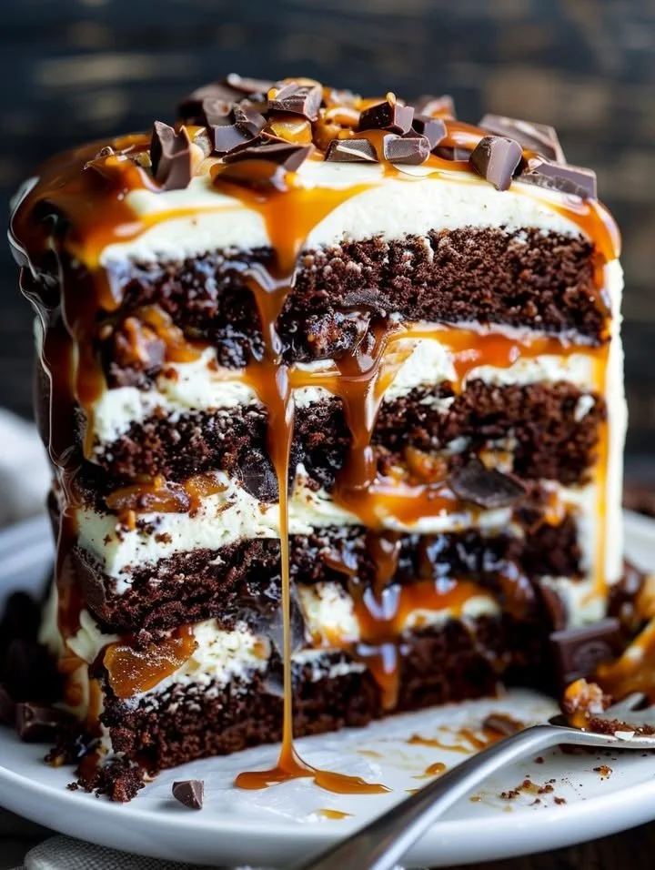 Decadent chocolate caramel turtle layer cake with rich layers and toppings.