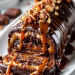 Gooey Chocolate Hazelnut Caramel Cake Roll with chocolate drizzle and hazelnuts