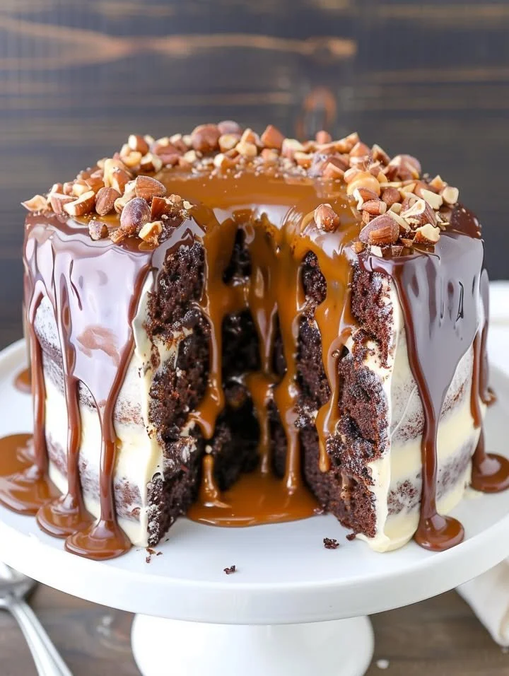 Gooey chocolate hazelnut caramel layer cake with rich frosting and toppings