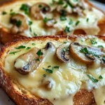 Gourmet cheesy mushroom and garlic toasts on a wooden serving board