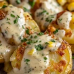 Gourmet smashed potatoes with creamy herb sauce on a plate.