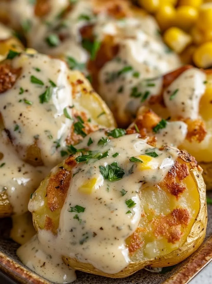 Gourmet smashed potatoes with creamy herb sauce on a plate.