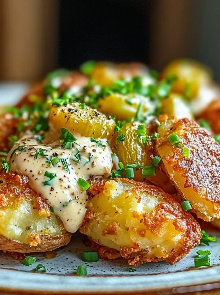 Gourmet smashed potatoes with creamy herb sauce on a plate