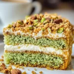 Slice of Grandma's Secret Pistachio Almond Coffee Cake on a plate
