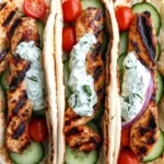 Plate of Greek Chicken Gyros with cucumber tzatziki sauce and fresh vegetables