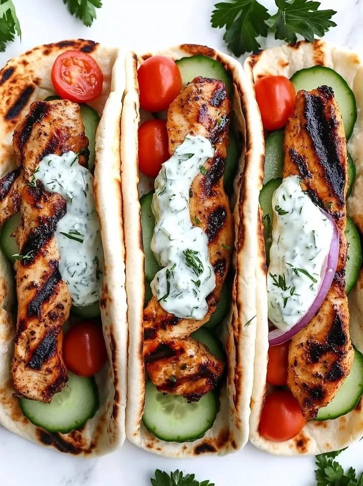 Plate of Greek Chicken Gyros with cucumber tzatziki sauce and fresh vegetables