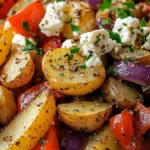 Dish of Greek roasted potatoes with peppers and feta cheese