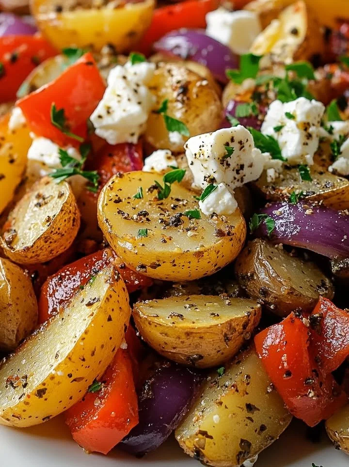 Dish of Greek roasted potatoes with peppers and feta cheese