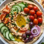 Bowl of Greek-Style Loaded Hummus topped with olives, feta, and herbs