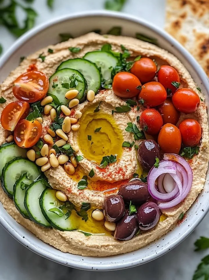 Bowl of Greek-Style Loaded Hummus topped with olives, feta, and herbs