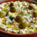 Creamy Green Olive & Feta Cheese Dip served in a bowl with crackers