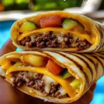 Grilled cheeseburger wraps served on a plate with fresh toppings