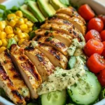 Grilled chicken and avocado salad bowl topped with fresh vegetables.