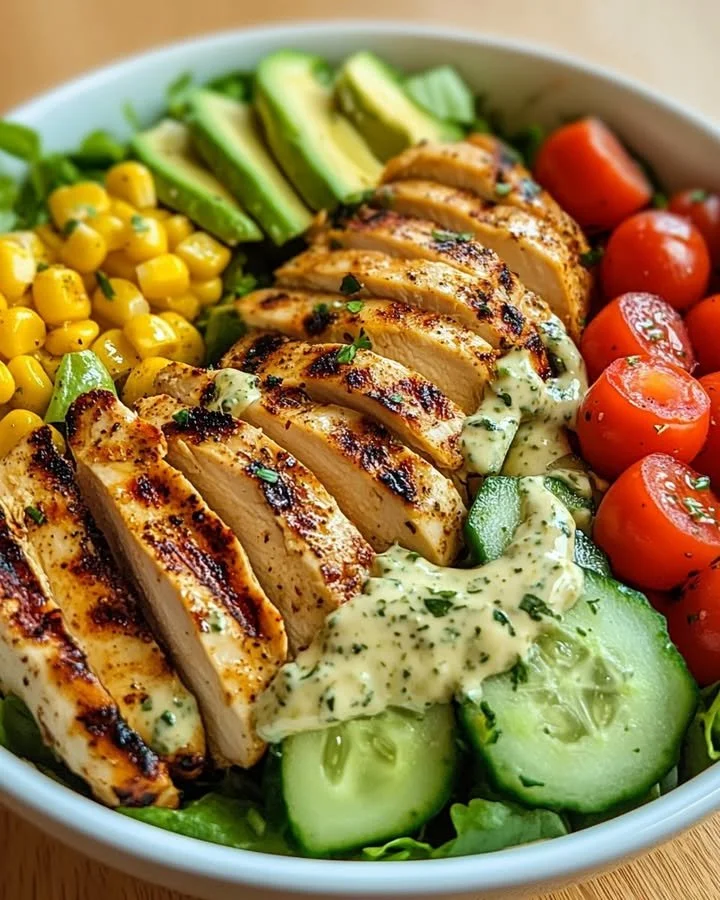 Grilled chicken and avocado salad bowl topped with fresh vegetables.