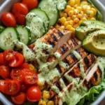 Grilled chicken and avocado salad bowl served in a fresh, vibrant salad.