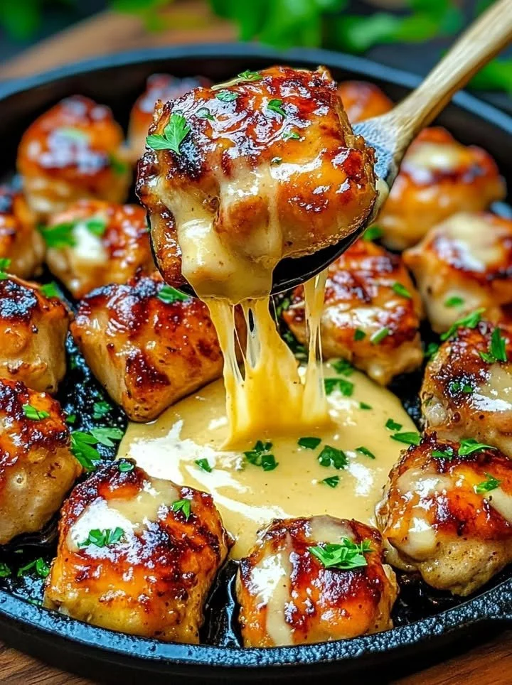 Delicious grilled chicken bites with creamy garlic sauce on a plate.